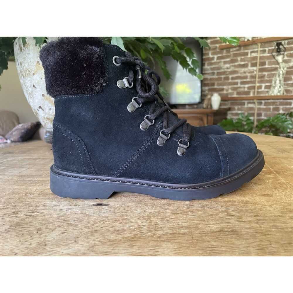 UGG Black Suede Shearling Hiker Boots Women Size 5 US 37 EU Lace Up Zip Winter